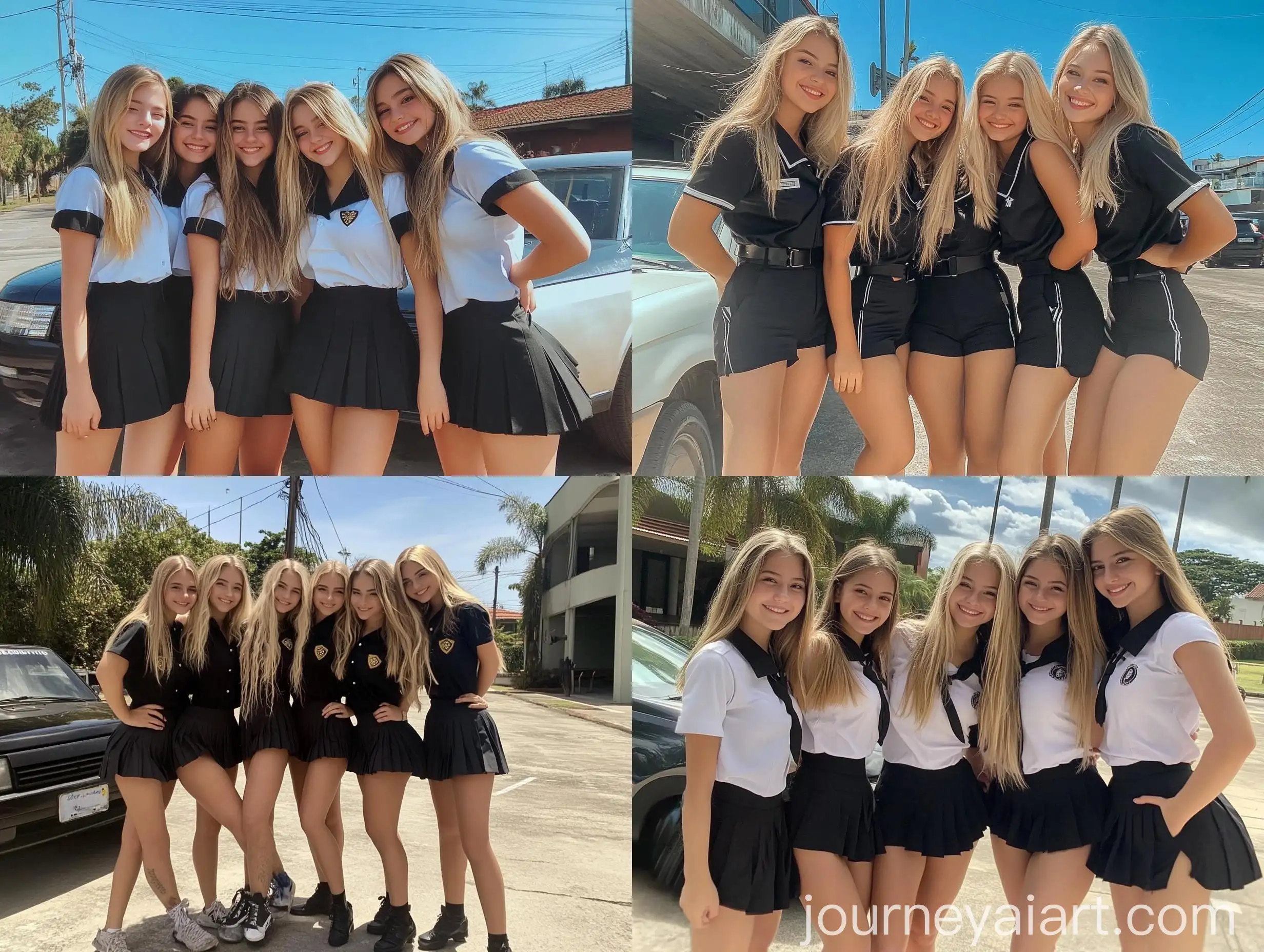 Five-Women-in-School-Uniforms-Posing-Playfully-Outdoors