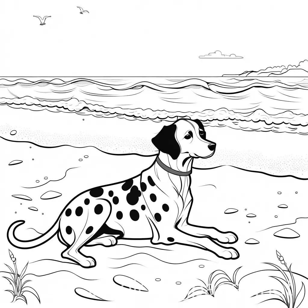 a dalmata on the beach happy, Coloring Page, black and white, line art, white background, Simplicity, Ample White Space. The background of the coloring page is plain white to make it easy for young children to color within the lines. The outlines of all the subjects are easy to distinguish, making it simple for kids to color without too much difficulty