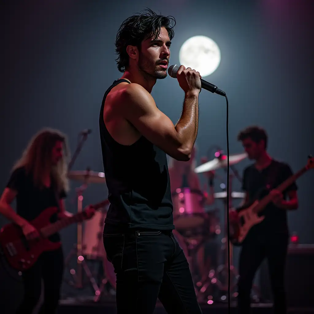 A sexy man on a stage with his music group (bassist, guitar and drums), very handsome around 27 years old, with black hair and green eyes holding a microphone in his hand singing and the moon in the background