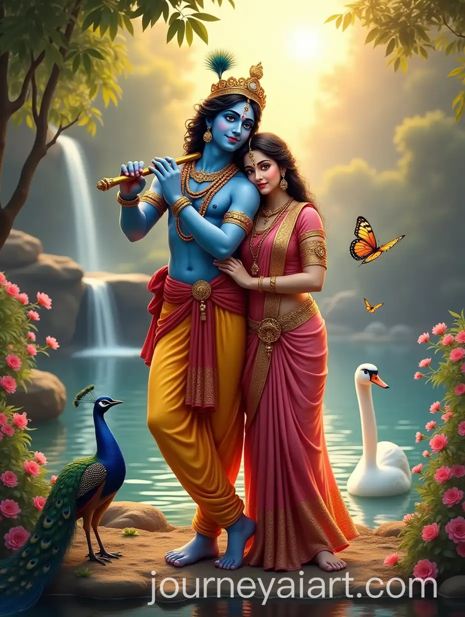 Divine-Love-in-a-Serene-Garden-Krishna-and-Radha-with-Peacock-Feather-and-Lush-Nature