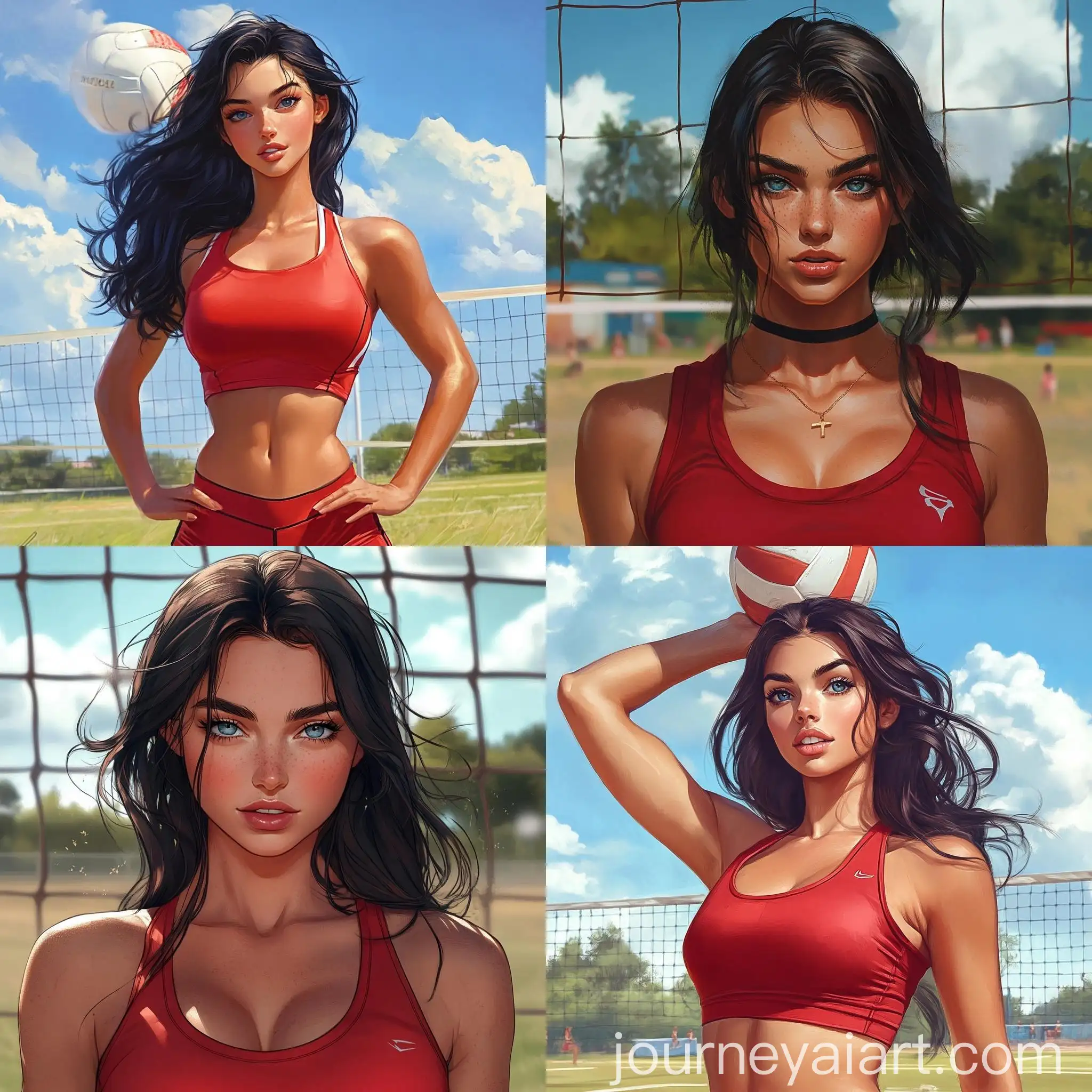 Playful-Female-Volleyball-Player-in-Red-Outfit-on-School-Field