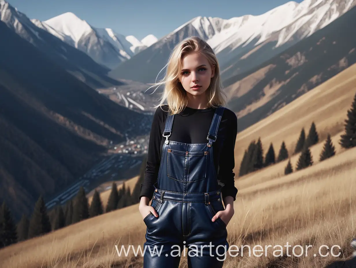 Blonde-Girl-in-Dark-Blue-Overalls-Standing-in-Mountainous-Terrain