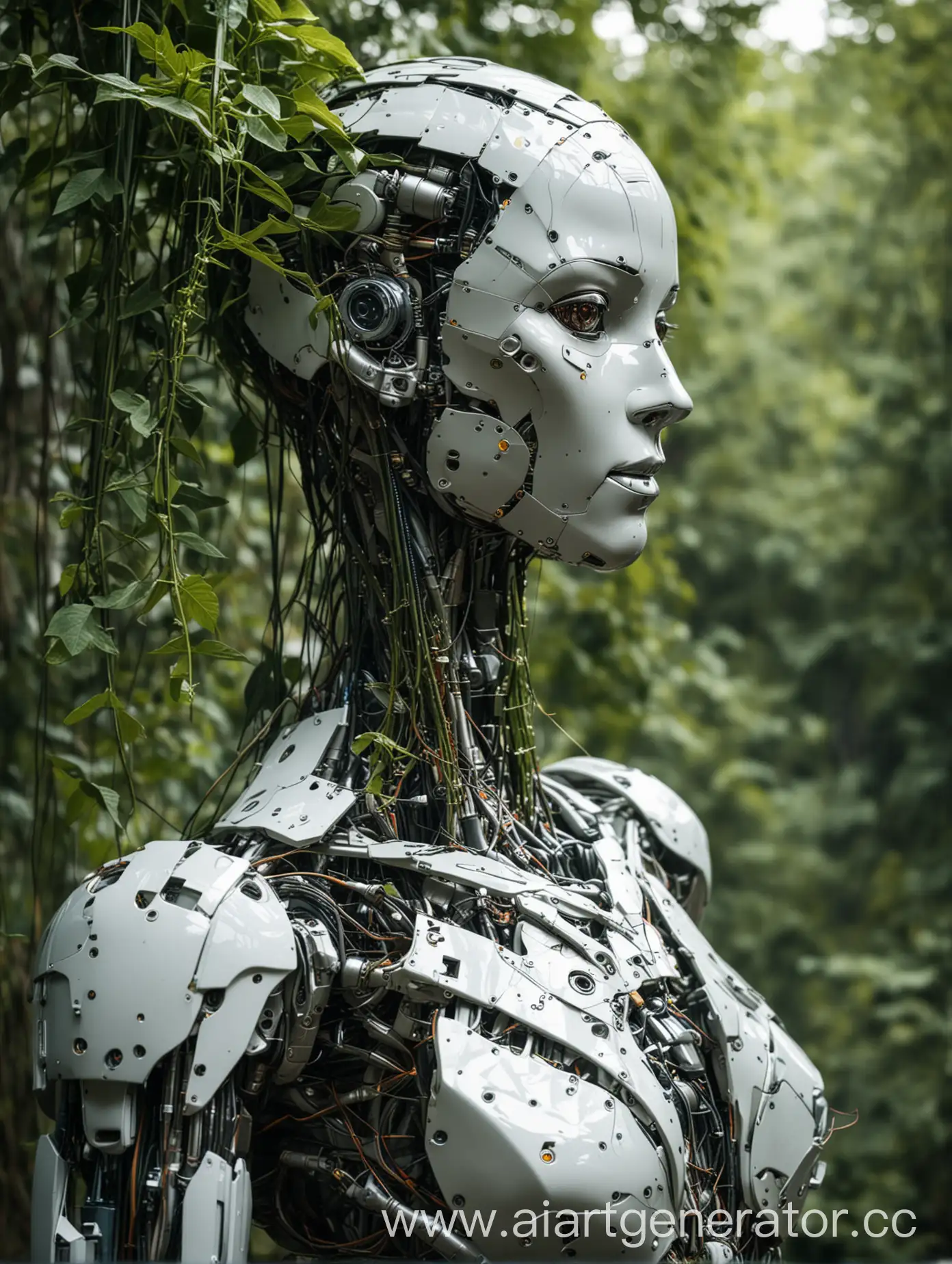 portrait of a modern robot wrapped in a liana