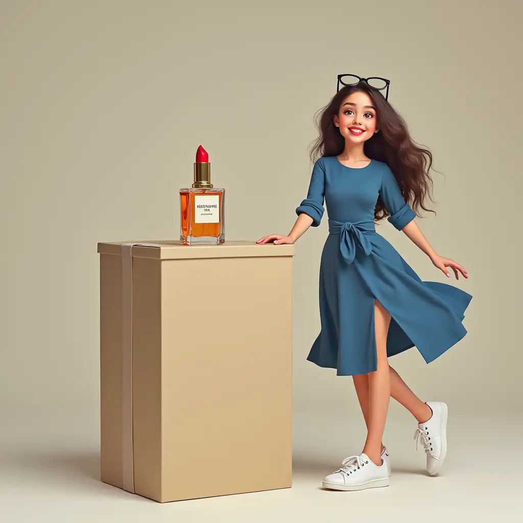 beige box, perfume, lipstick, blue dress, white sneakers, glasses on head