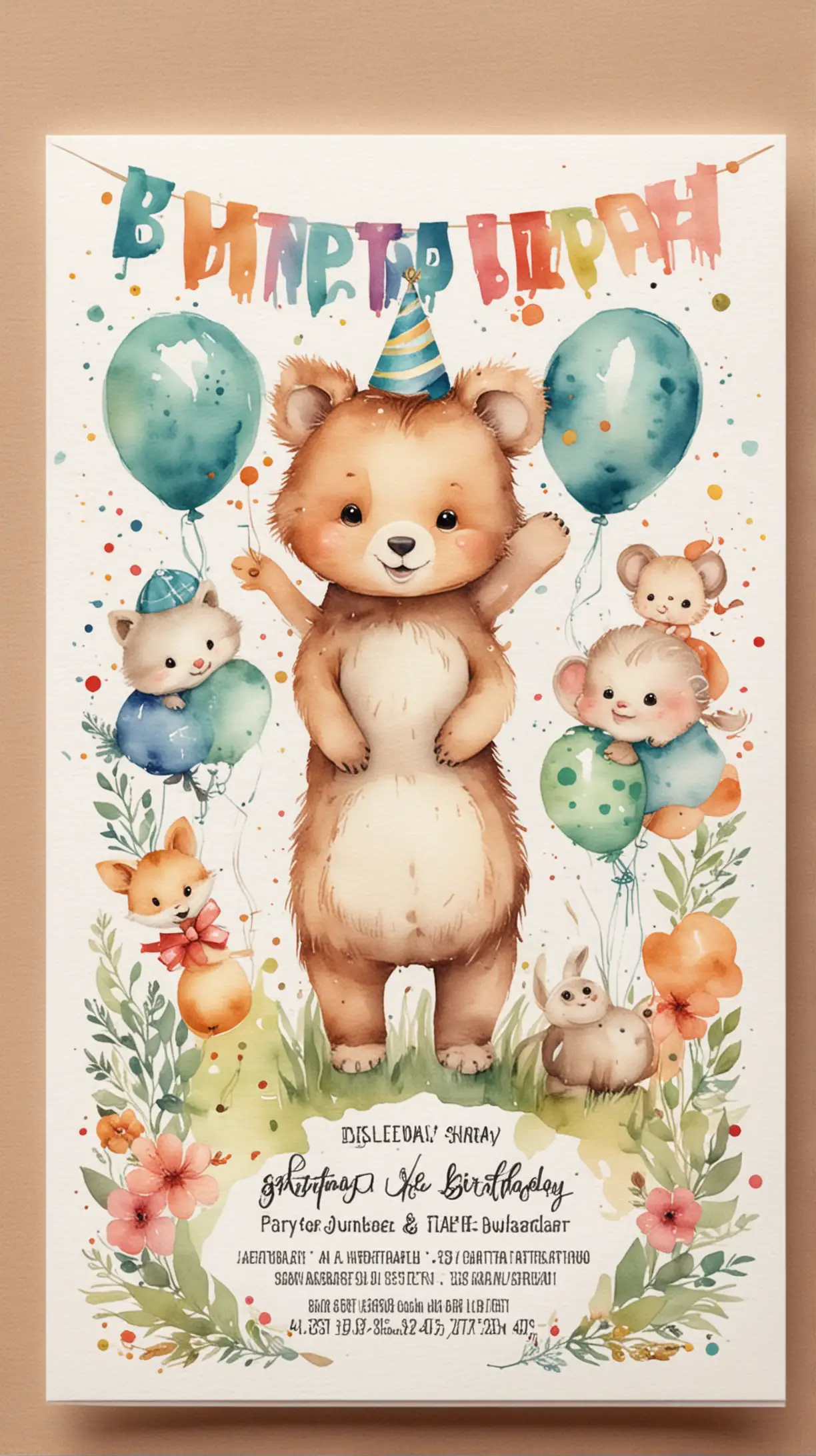 Watercolor Cute Animal Birthday Invitation