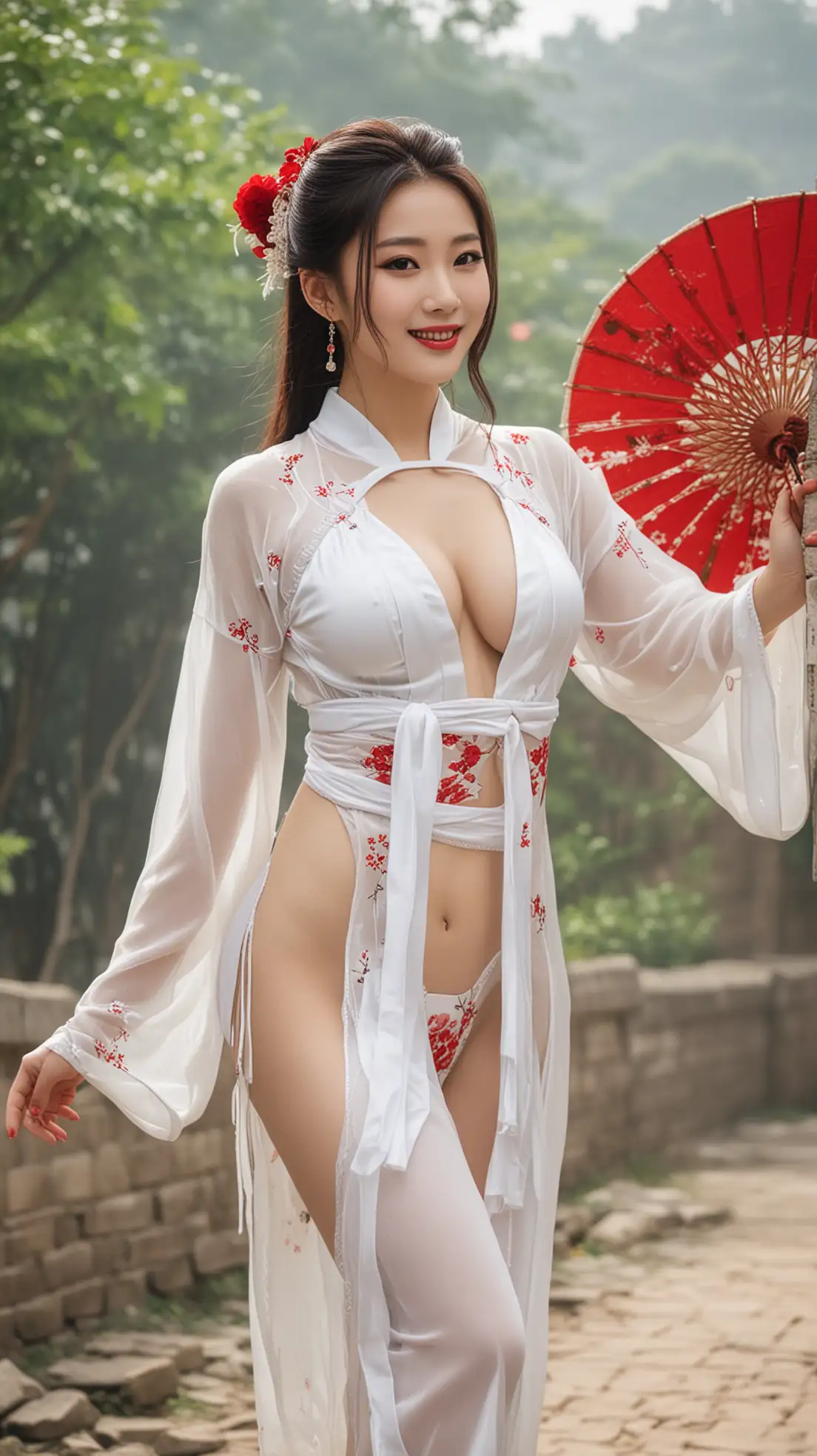 (('Masterpiece', 'excellent quality', 'edgQuality')),(smiling:0.85),1 chinese girl posing for a full-length photo, edgbodyl, realistic, with white lingerie bodysuit,hairs with modern Hanfu style, (full-length portrait, focus on the breast), red lips, outdoor