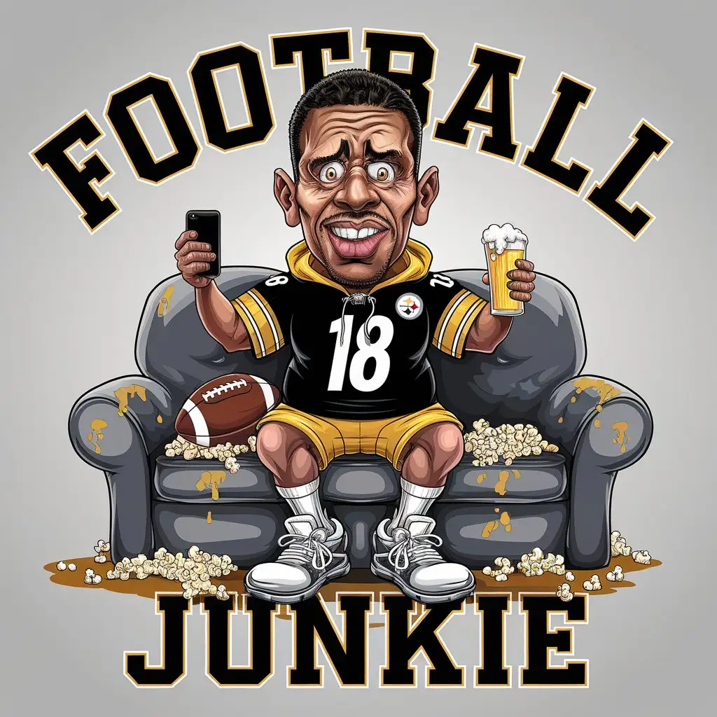 LOGO Design for Football JunKie African American Caricature in Pittsburgh Steeler Jersey with Football and iPhone