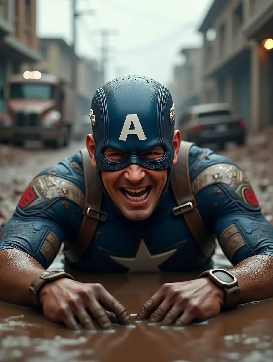 A hyper-realistic 3D-rendered image of Captain America, wearing his iconic blue mask with an 'A' on the forehead. His battle-worn suit is soaked in mud and covered in dirt, showing signs of a tough battle. He is lying in a muddy puddle, his arms resting on the wet ground, and his face is partially covered in mud. His expression is a mix of exhaustion and amusement, as if embracing the chaos of battle. The surrounding environment is a war-torn street with damaged buildings, muddy roads, and abandoned vehicles in the background. The atmosphere is cinematic, with soft natural lighting highlighting the wet textures of mud and Captain America's suit. Rendered in ultra-high-definition 4K, ensuring every detail is crisp and lifelike.