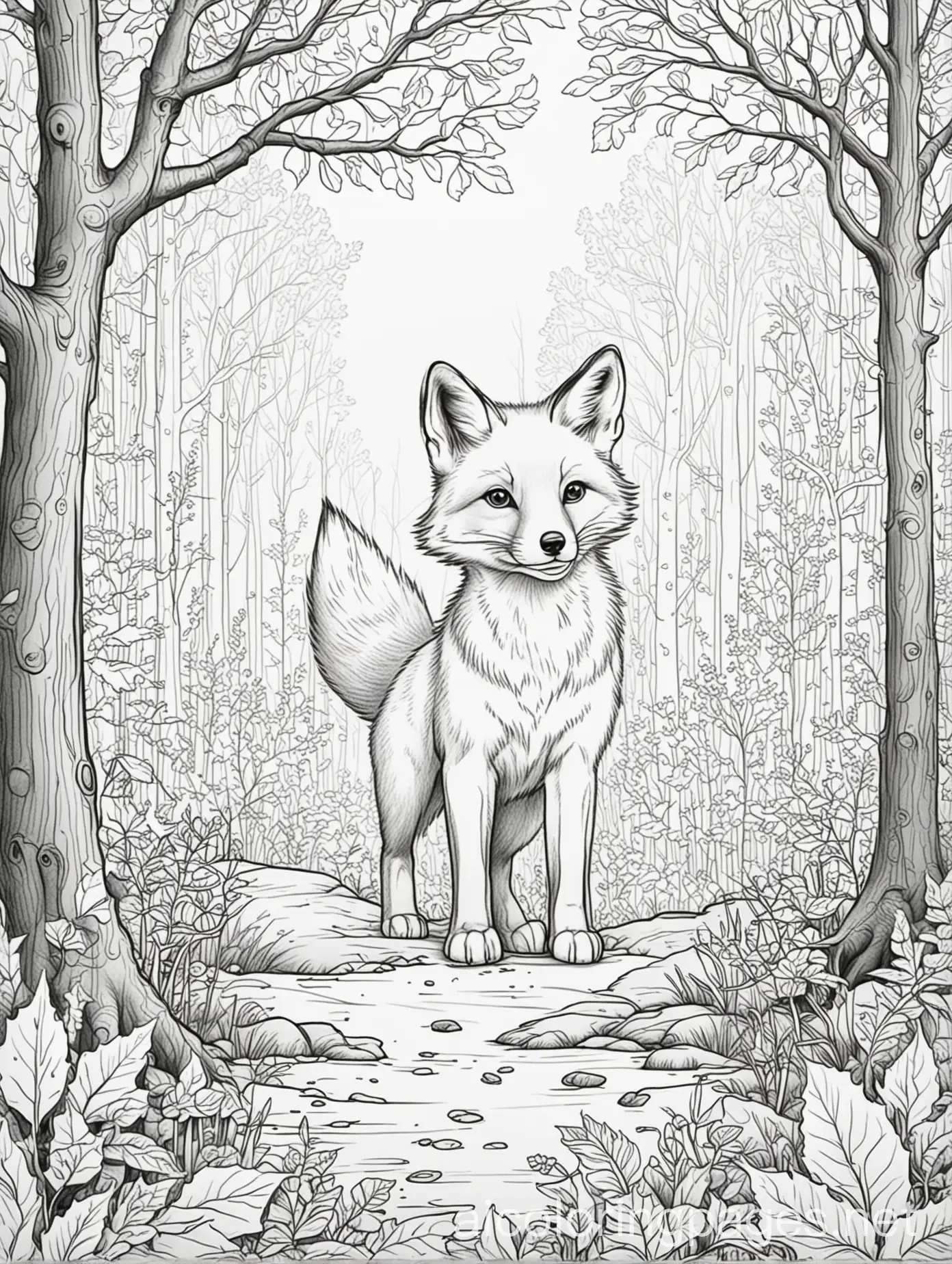 Simple-Black-and-White-Line-Drawing-of-a-Fox-in-a-Fall-Forest