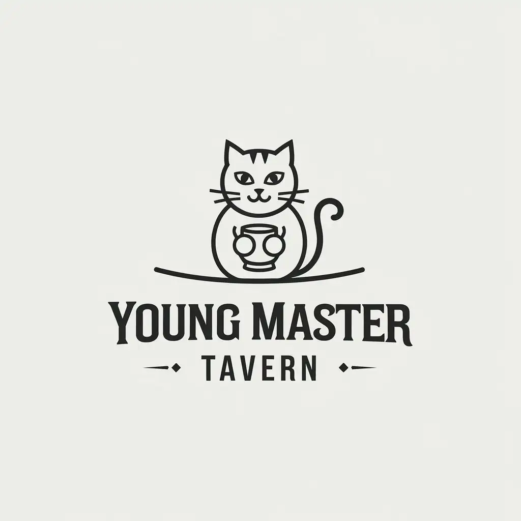 a vector logo design,with the text "Young Master Tavern", main symbol:Cat cup,Minimalistic,be used in Restaurant industry,clear background