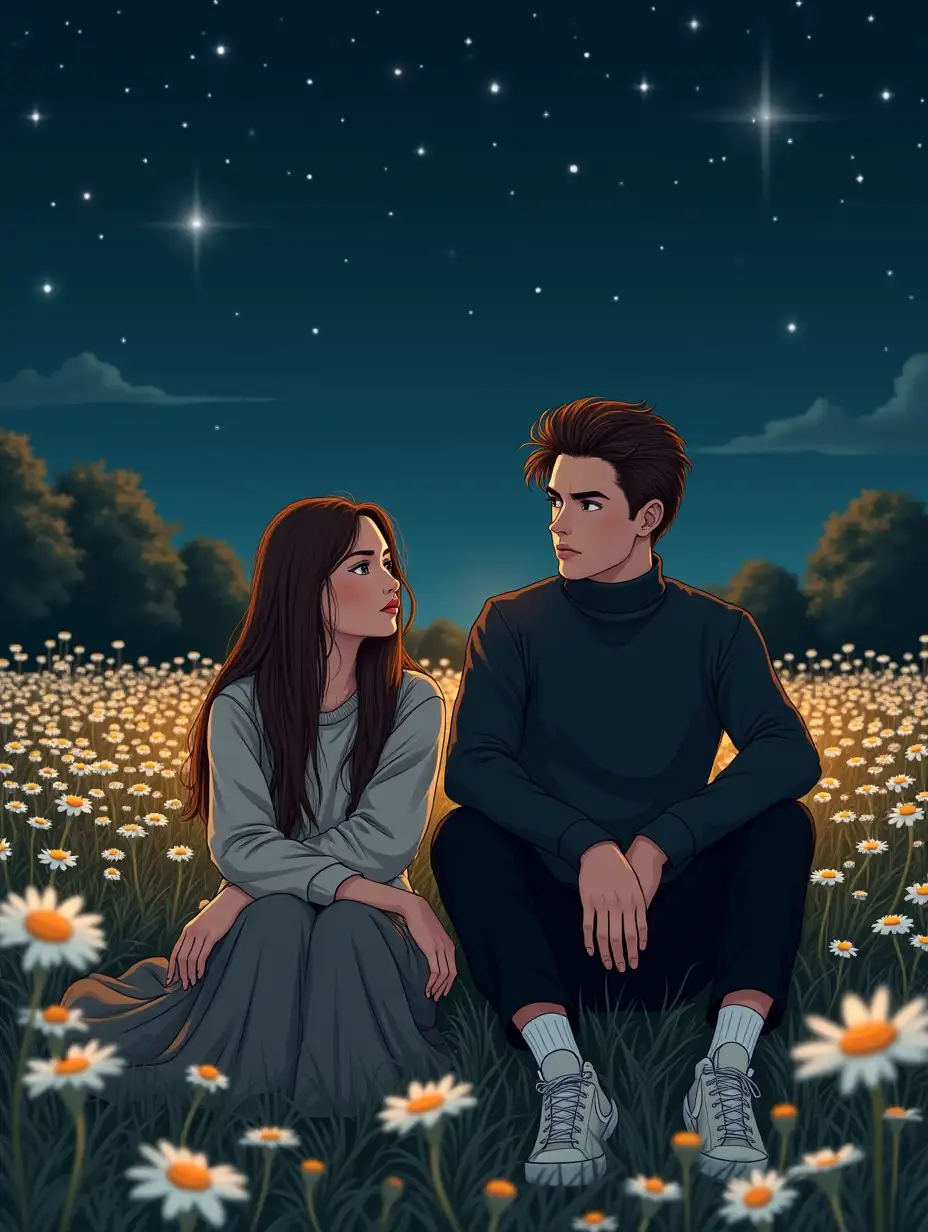 Draw a realistic photo Night and a chamomile field, two people 20 years old are sitting. A girl with brown long hair below her butt with a gentle sad look with a mole on her right cheek, with black eyes and long black eyelashes, she is in a blouse and a long skirt. The face depicts melancholy and a thoughtful state. The girl is very beautiful. Next to her sits a guy 20 years old with a beautiful haircut. He is a brunette, he has olive eyes and black long eyelashes, he is also very handsome. He looks very stylish and fashionable. Black turtleneck, belt and black trousers and white sneakers. Muscular beautiful body. They sit relaxed but look very thoughtful and the guy looks at the girl and the girl looks into the distance. Around the dark sky and bright stars.