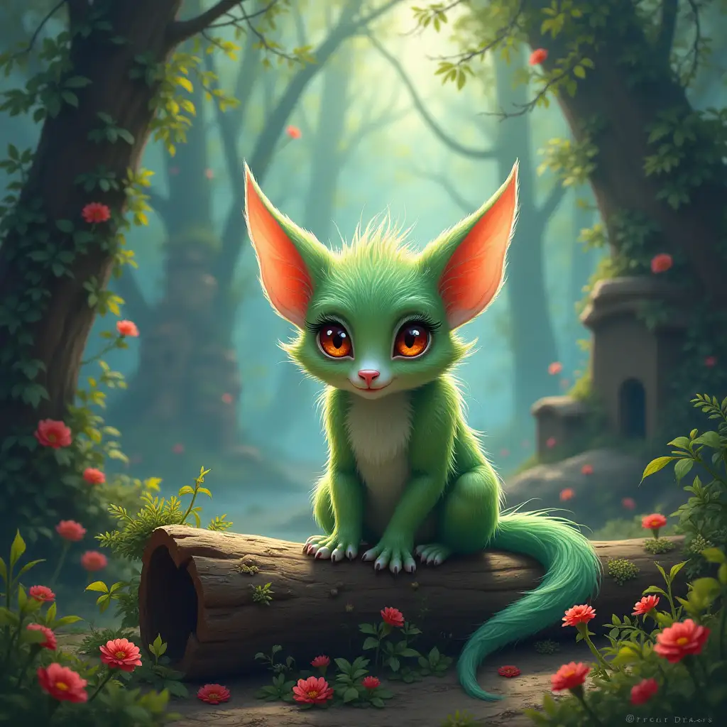 In a mesmerizing, enchanted forest with the ruins of old buildings in the background and full of magical creatures, we find a beautiful Gelfling exuding a unique level of sweetness, sitting on a log. This enchanting scene is depicted in a stunning image, full of vibrant colors and intricate details. Gellfing's ethereal features accentuate his sparkling eyes, while the fantastical backdrop exudes an aura of mystery and wonder. The painting is a breathtaking work of art that captures the essence of a fantasy world where imagination knows no bounds.