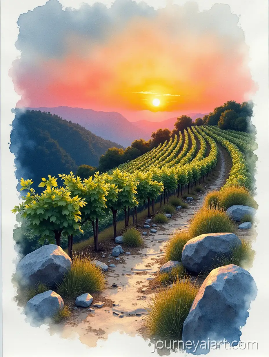 Watercolor-Vineyard-Landscape-at-Sunset-with-Wild-Blooming-Colors