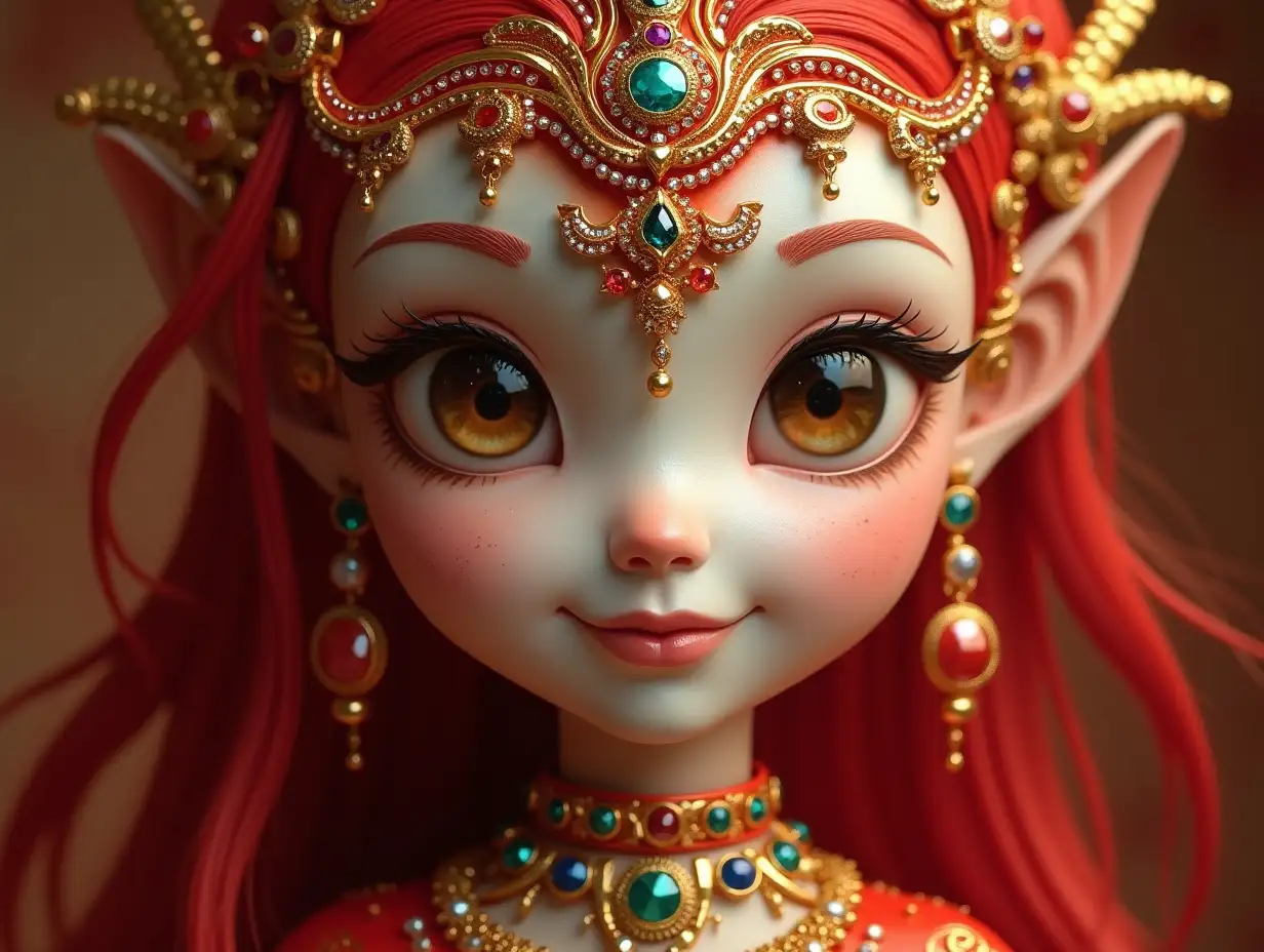 Young red-gold pattern with Fish with Alien face, with white-red striped hair, with a slight smile on the face, emphasizing her smile, modern retro jewelry, in a temple many diamonds of different shades 4k