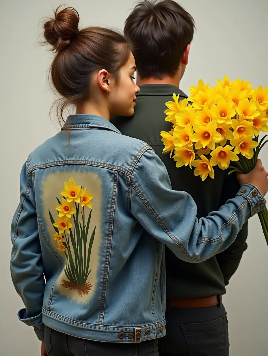 A young woman in a denim jacket adorned with intricate paintings on the back stands with her back to the viewer, her right arm wrapped around a man in a loving embrace. In her left hand, she holds a vibrant bouquet of hundreds of daffodils, each petal delicately rendered in stunning detail.