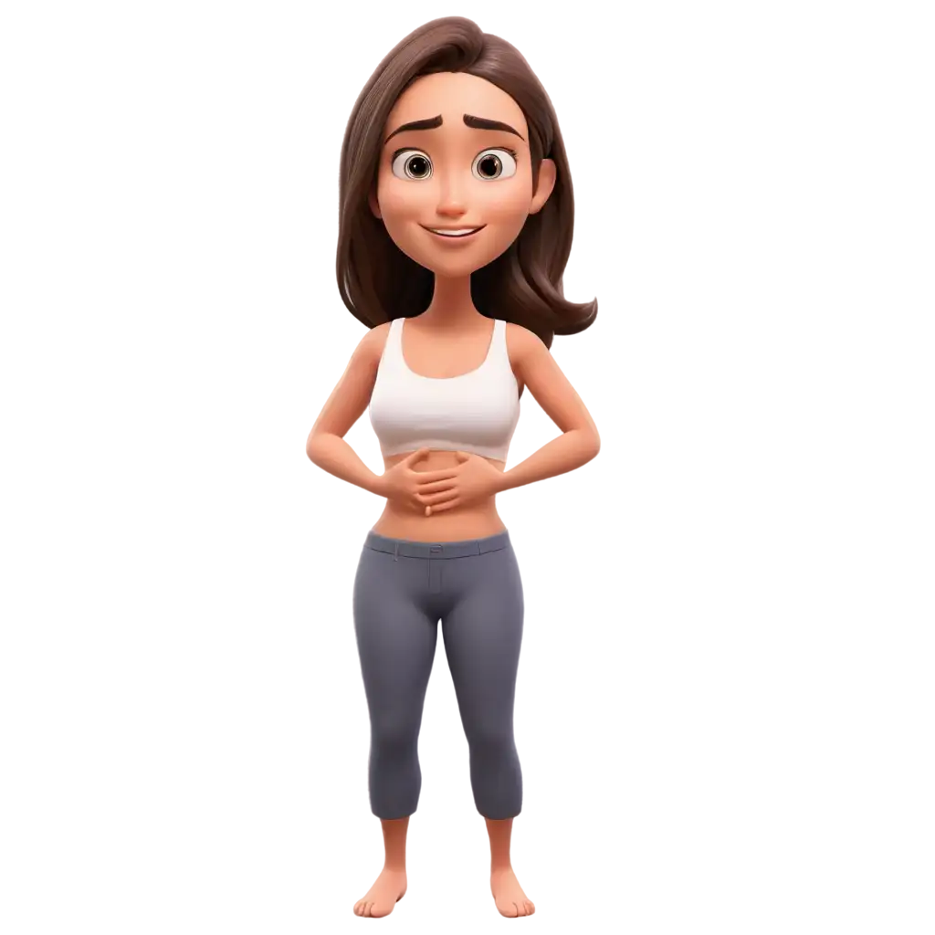 Create a 3D cartoon image for me. A woman is injecting the fatty tissue of her abdominal area with solution.