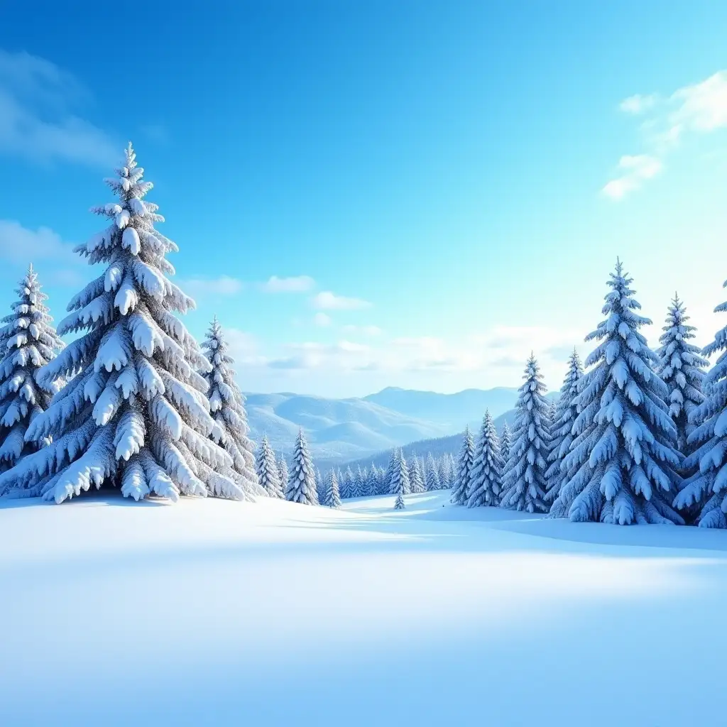 A wide-angle shot of a serene winter landscape featuring snow-covered pine trees under a crystal-clear blue sky. The foreground shows untouched snow glistening in the sunlight, while the background has rolling hills and distant mountains. The image conveys calmness and purity, making it suitable for holiday postcards, desktop wallpapers, or outdoor gear advertisements.