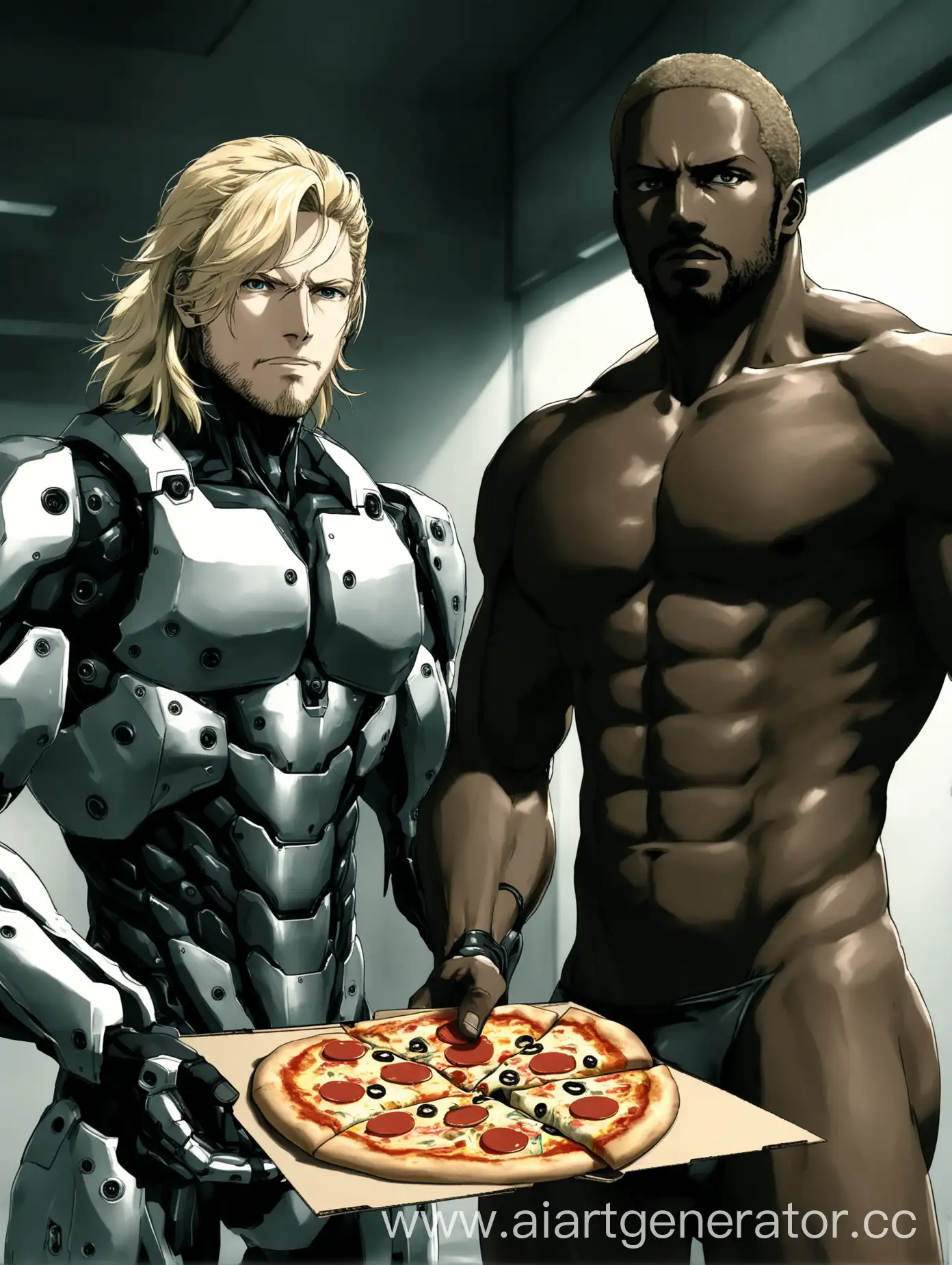 Diverse-Men-Sharing-Pizza-in-Metal-Gear-Rising-Style