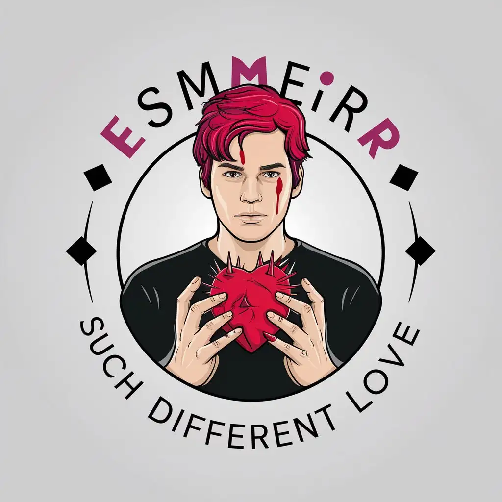 LOGO Design for Esmeir Such Different Love Guy with Red Hair Holding Heart in Spikes