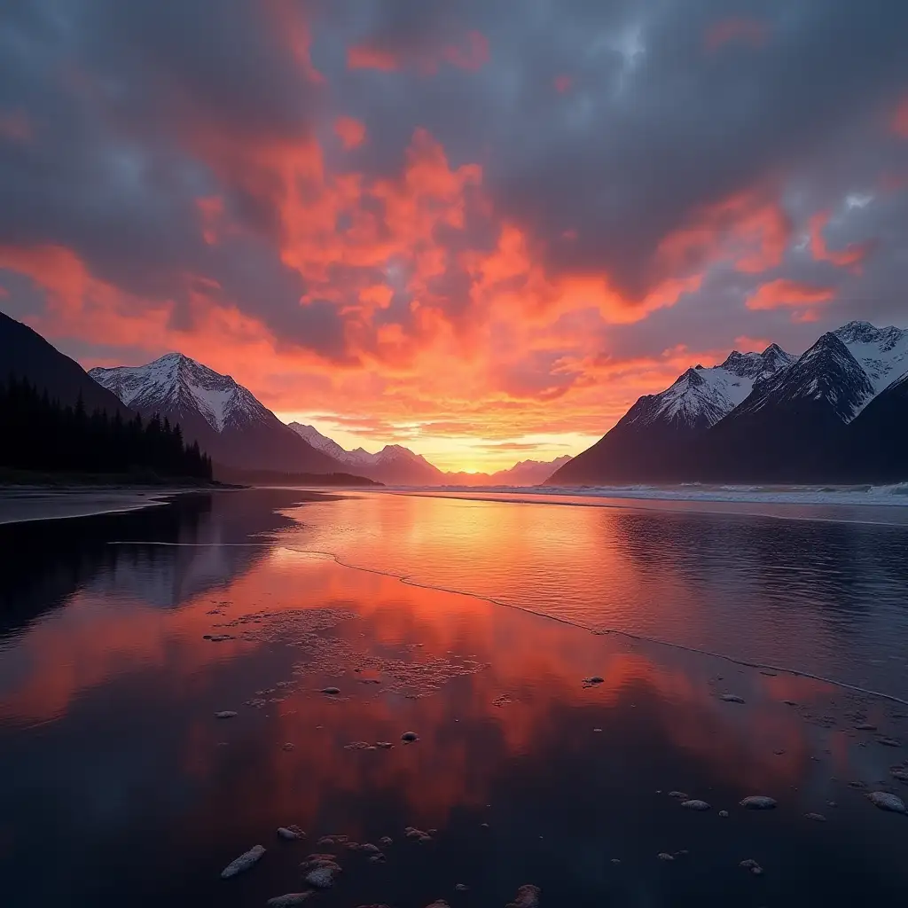 a beautiful sunset on the beach of alaska