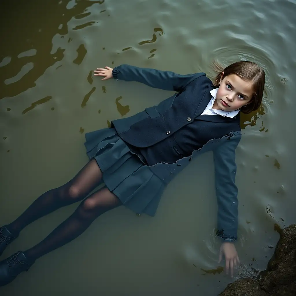 A young schoolgirl in a school uniform, in a skirt, jacket, blouse, dark tights, high-heeled shoes. She is swimming in a dirty pond, lying under water, all her clothes are completely wet, wet clothes stick to her body, the whole body is under water, submerged in water, under the surface of the water, below the water's edge.