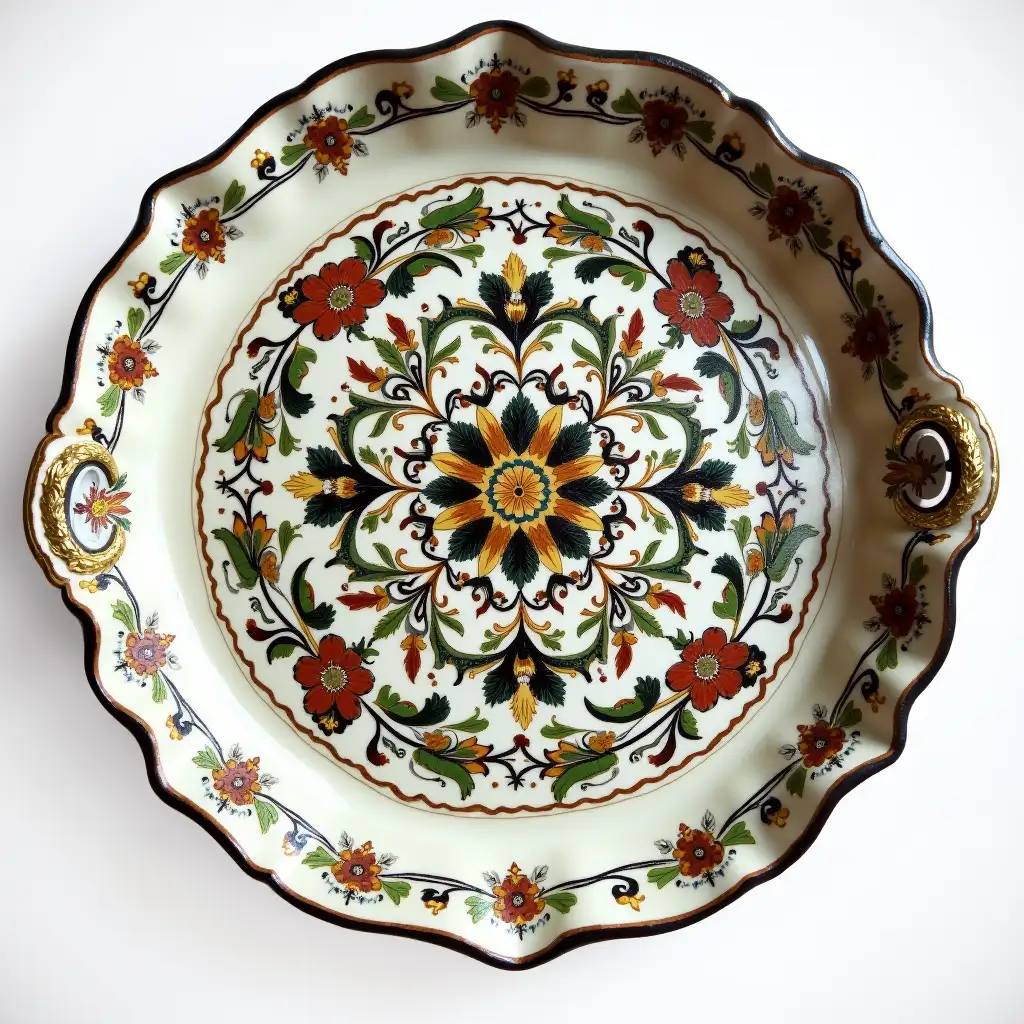 Ruffled edge circle ceramic tray with embossed beautiful handle,Underglaze painting on white body, Fine art, Hyper detailed, Antique and old, Qajar art, Iranian Tabriz carpet design