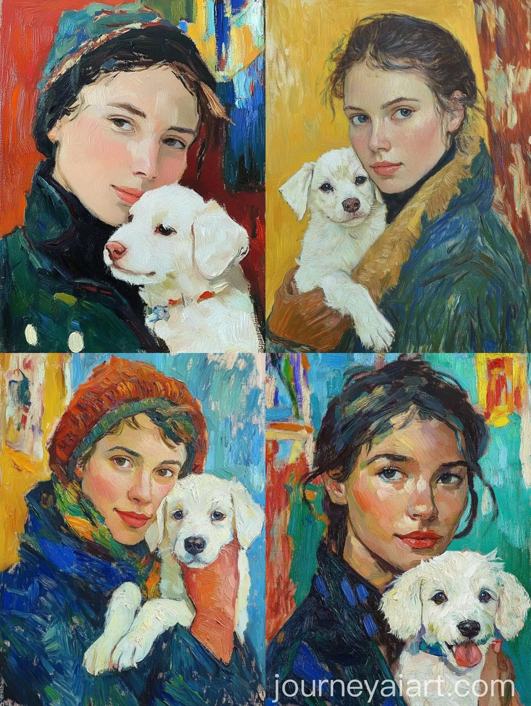 Van-Gogh-Style-Portrait-Woman-Posing-with-Bright-White-Puppy