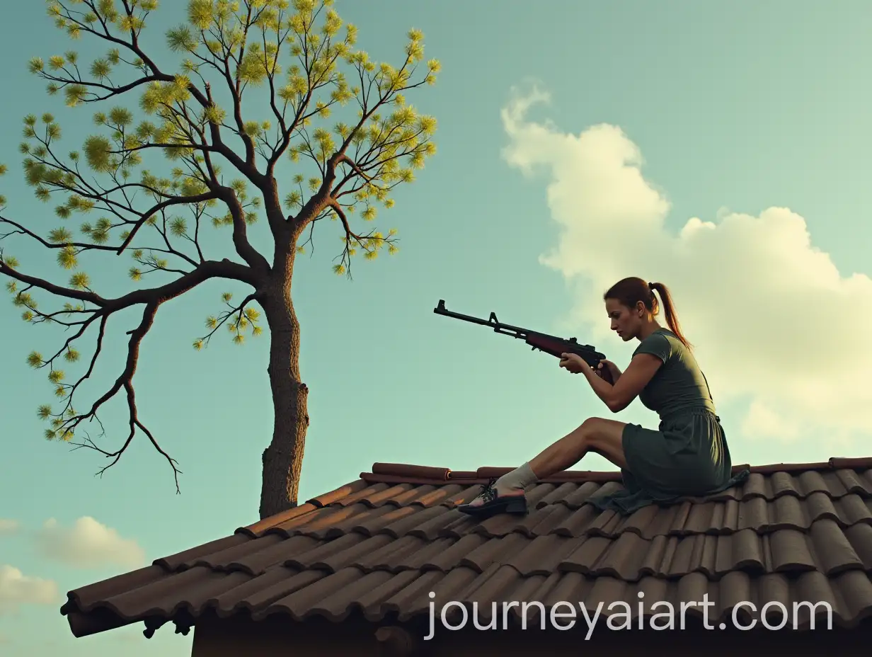 Angry-OneLegged-Woman-Holding-Rifle-on-Roof-with-Poplar-Tree-Background