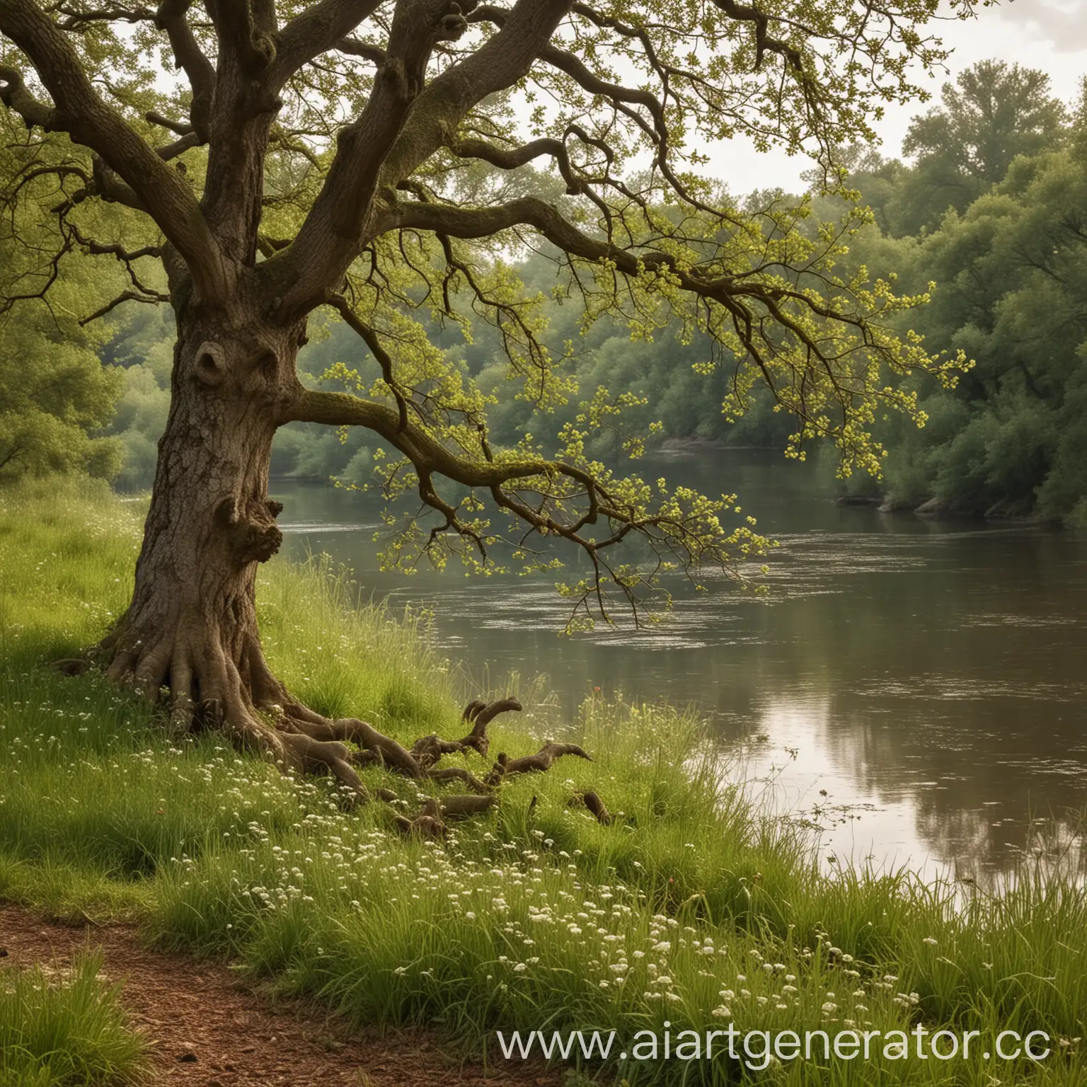 Serene-Oak-Tree-with-Acorns-by-the-River-and-Blooming-Meadow