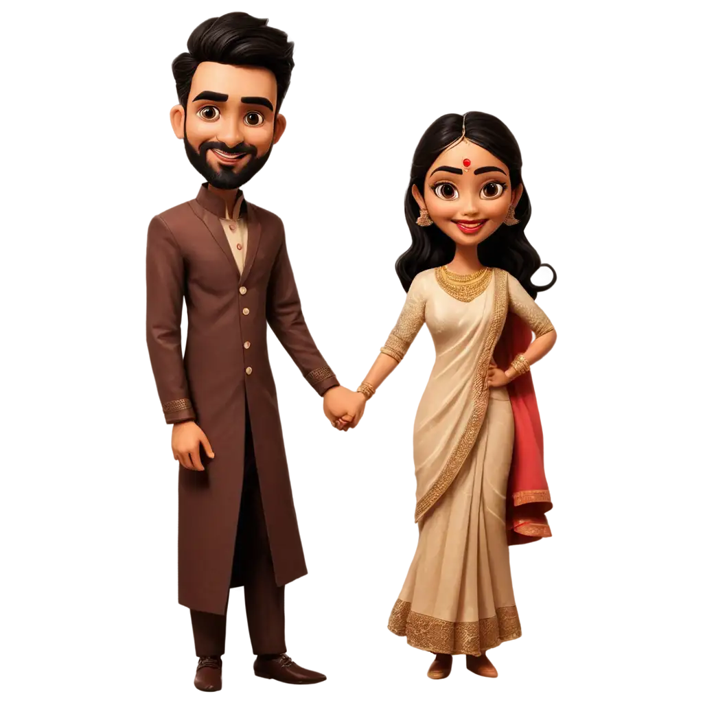 South-Indian-Couple-Wedding-Caricature-PNG-Image-Bride-in-Saree-and-Groom-in-Kurta