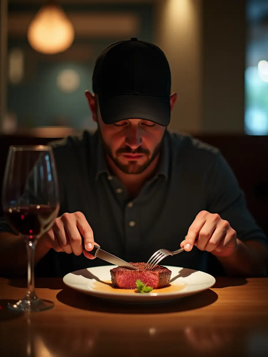 A guy in a baseball cap is sitting at a table in a restaurant. steak on the table. he is holding a knife and fork and cutting a steak. there is a glass of red wine on the table. Soft, unobtrusive lighting; Dreamy-surreal composition | Sony and A7R IV with Sony Fe 85mm F/1.4GM lens | Clear image of details; Smooth background transition - AR 3:4 - type of source material