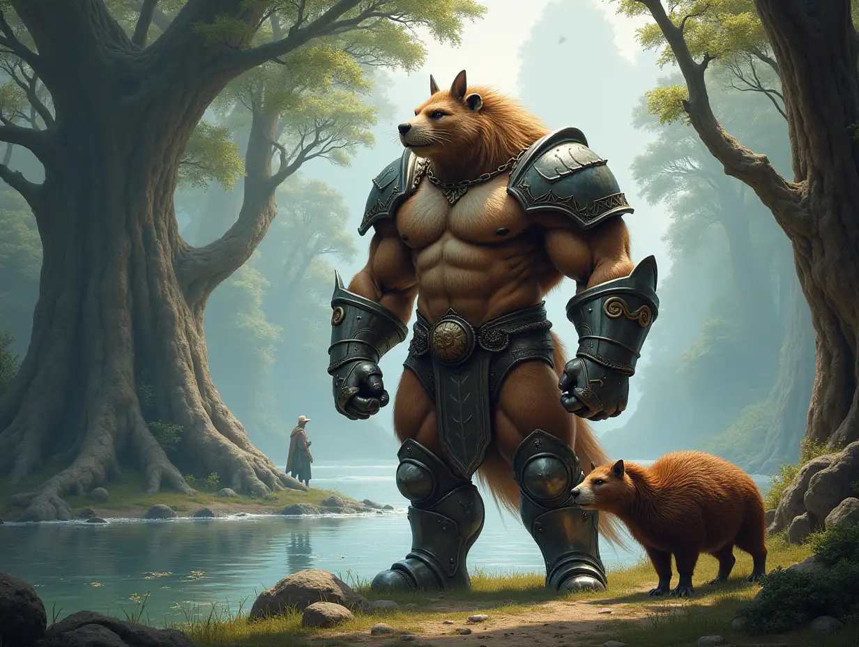 A very detailed photo. A full body representation of an animal-hybrid bodybuilder with armor and BEAVER and ALPACA by a sea with very big trees