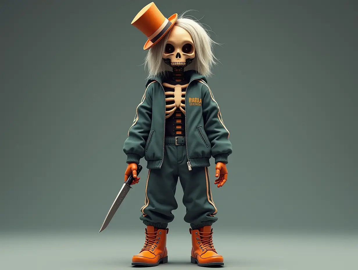 Create a high-resolution, realistic image of a robot with a skeletal body, orange laced boots and a head wearing a fashionable tracksuit, holding a knife in its hand and a top hat and hair in 4K resolution