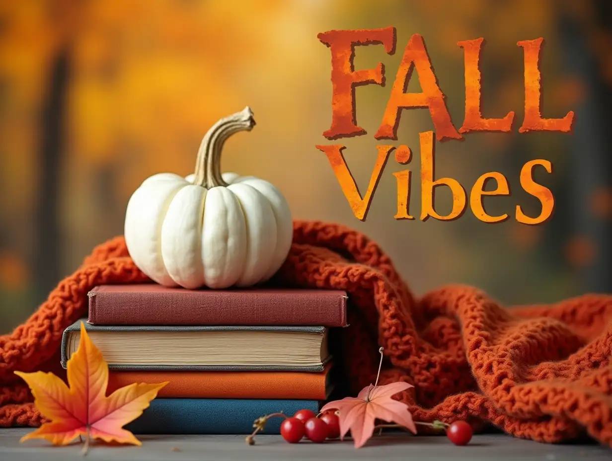 A white pumpkin sits atop a stack of colorful books. Autumn leaves and berries surround the scene, creating a vibrant fall atmosphere. A warm blanket drapes over the books, adding a cozy touch. The phrase 'Fall Vibes' is written in bold, autumn-inspired lettering. The image should have a warm, inviting aesthetic with rich colors and detailed textures. Elements such as the veins in the leaves, the patterns on the books, and the texture of the blanket should be clearly visible.