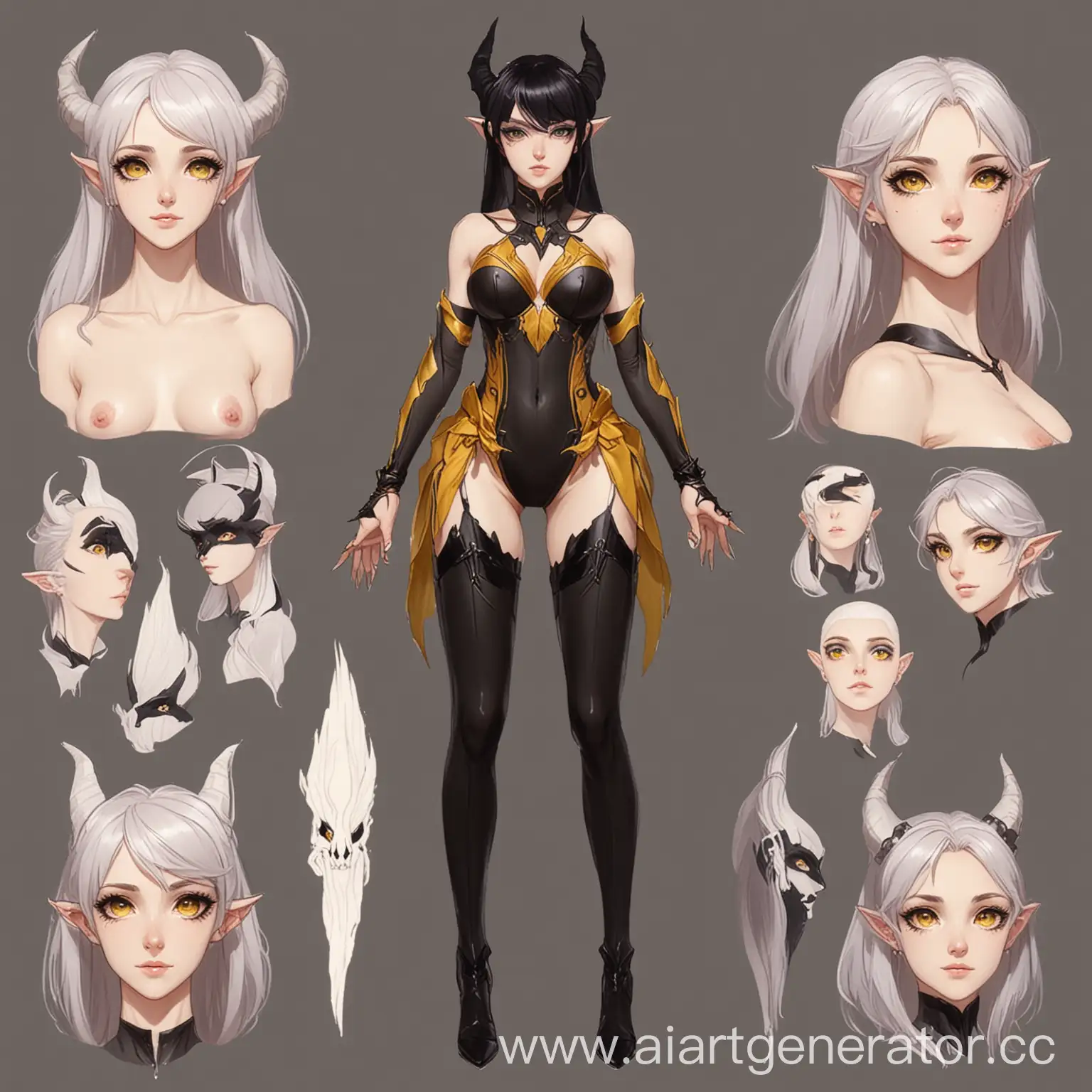 Anime chan, reference, character, dark elf, elf ears, black hair, pale skin,black, iris yellow , reference sheet, full body, demon eyes