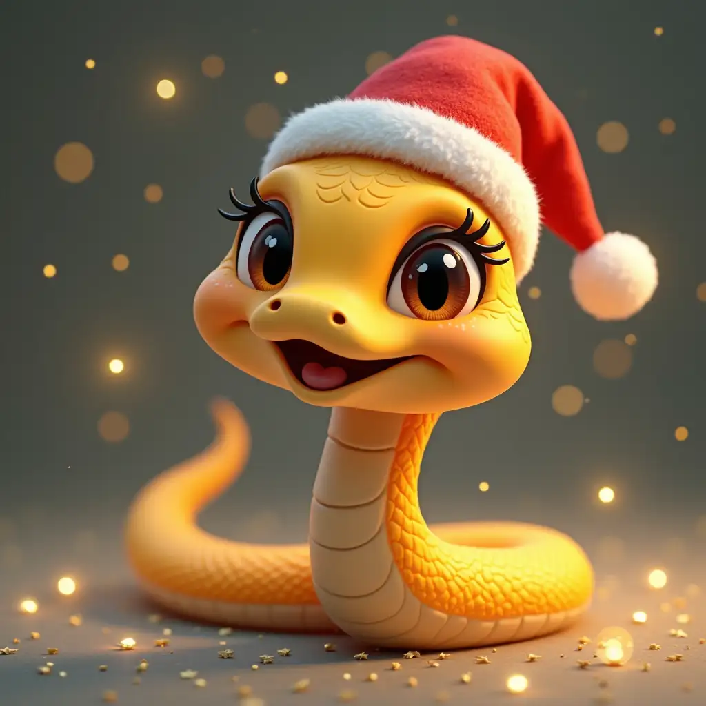 Cute happy, cartoon snake with expressive eyes and eyelashes peeks out of a beautiful golden new Year's horn, on the snake Santa hat, 3D, HD