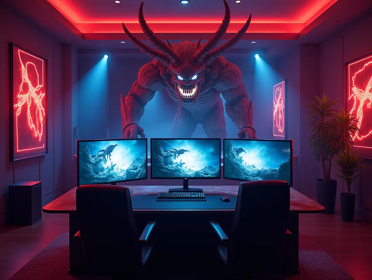 see a large gaming room with three monitors gaming table a statue of the attack on titan monster 180 degree shots 8K resolution colorful