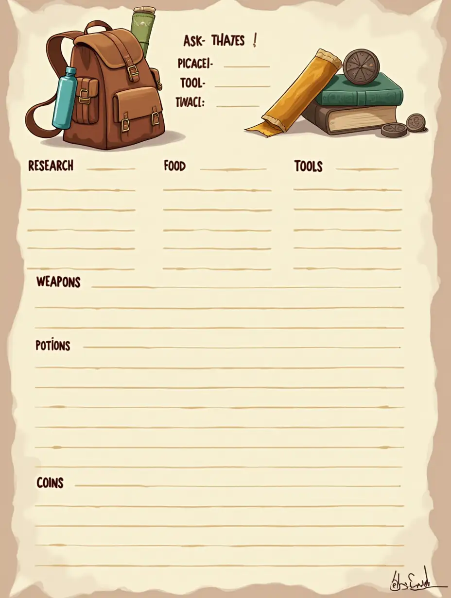 Create a sheet with a stylized travel backpack with rolled map, water bottle on the side, divided into sections: research - food - tools - weapons - books - treasure - potions - various - coins with space to write a list below each one