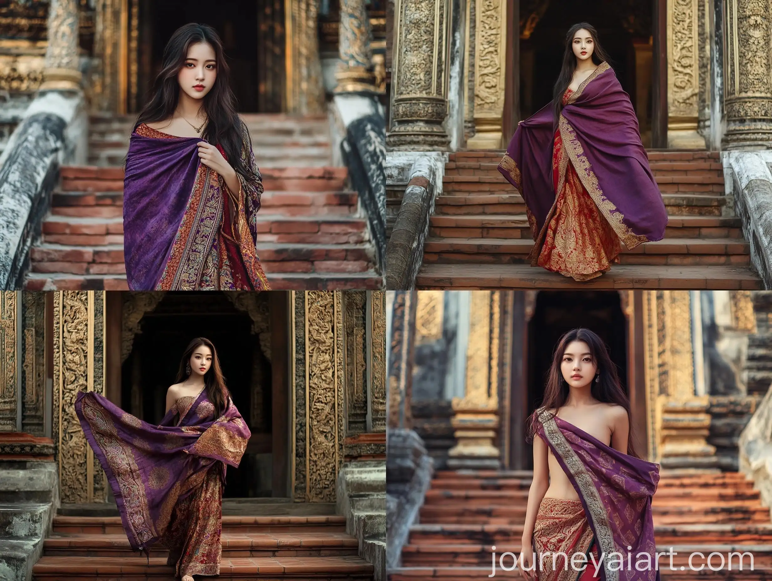 Traditional-Thai-Attire-Portrait-Photography-Serene-Korean-Woman-on-Ornate-Red-Brick-Steps