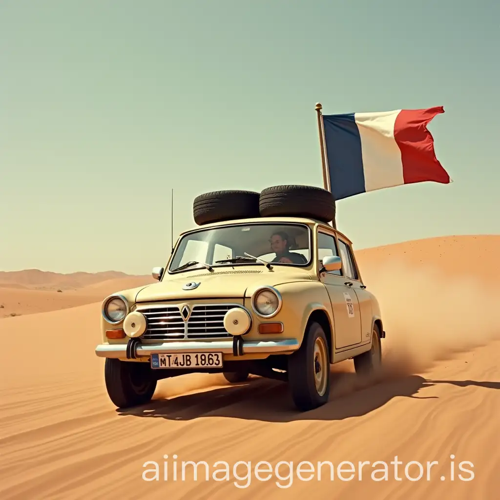 Vintage-Beige-Renault-4L-Rally-Car-with-French-Flag-in-Desert-Landscape