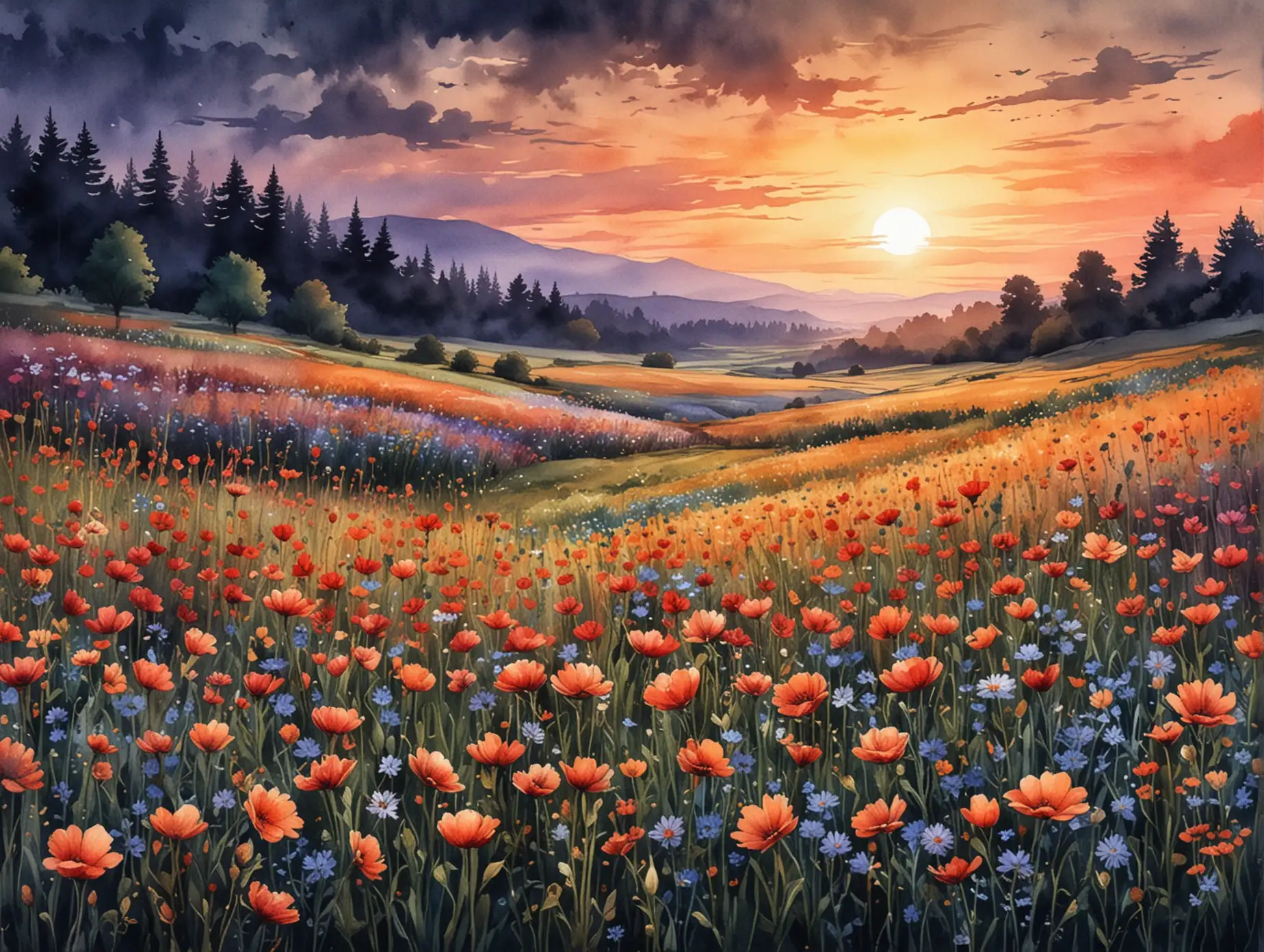 Flower-Field-at-Sunset-in-Watercolor-with-Detailed-Sketch