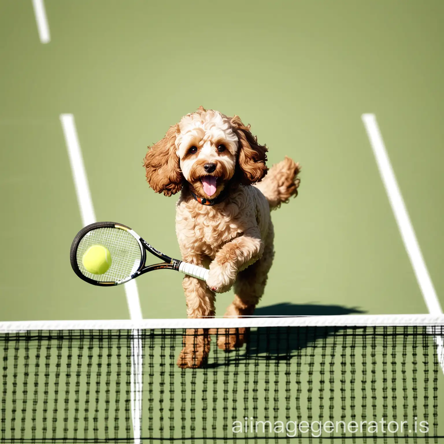 Cockapoo-Dog-Playing-Tennis-on-a-Sunny-Court