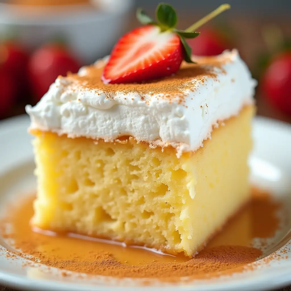 Generate an image of a Venezuelan tres leches. The dessert should show a spongy white cake soaked in a mixture of three types of milk, with a surface covered with Swiss meringue. Decorate with sprinkled cinnamon. The presentation should be appetizing and colorful, ideal for highlighting its creamy and moist texture