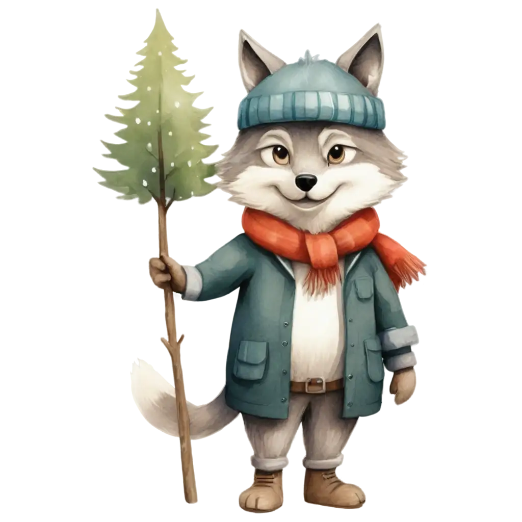 Stunning-PNG-Wolf-Illustration-Environmental-Theme-with-Hat-and-Tree-Branch