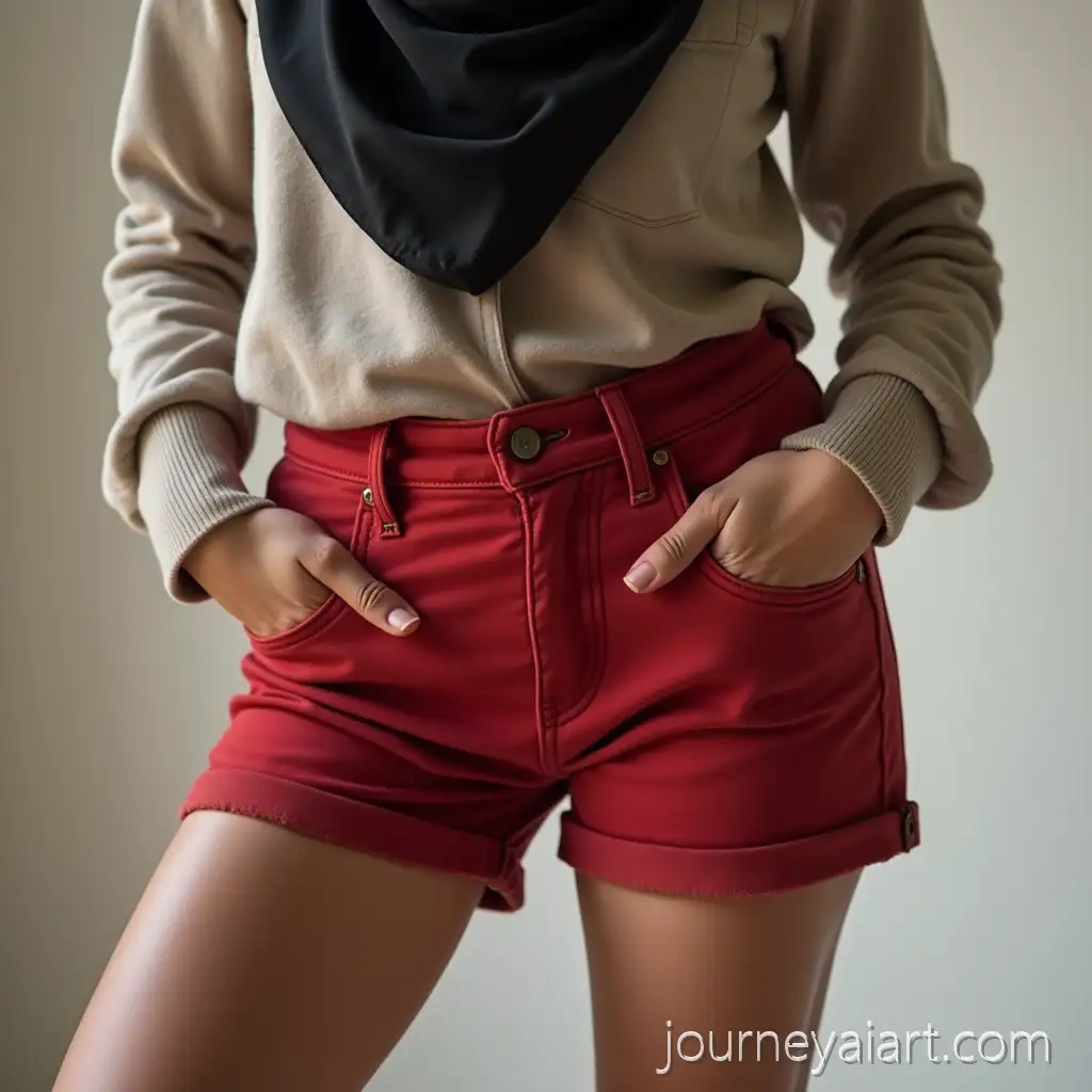 Woman-in-Hijab-andAI-Image-Expansion-Red-Denim-Shorts-Displaying-Her-Legs