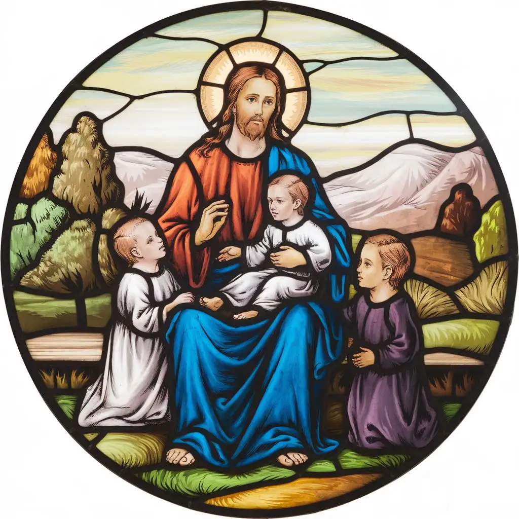 Jesus Christ Embracing Children in Stained Glass Artwork