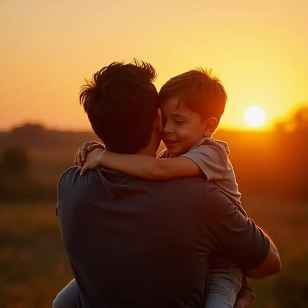 A heartwarming hug between father and son with the sun setting in the background