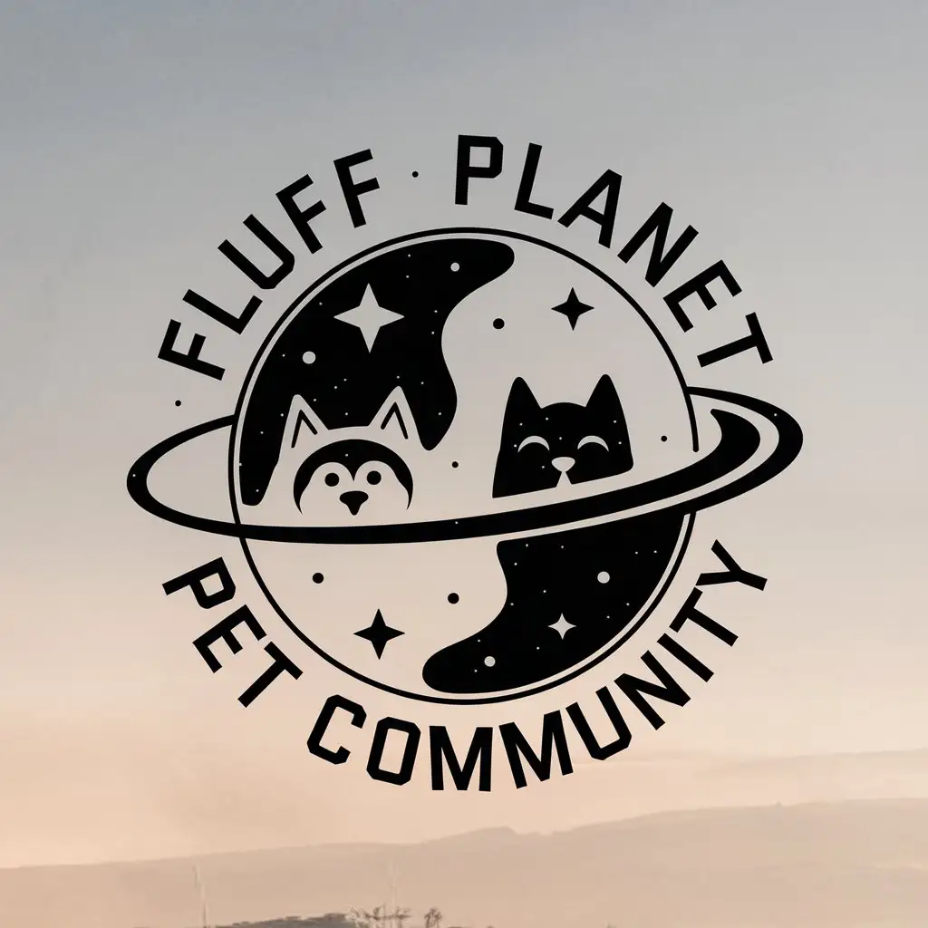 a vector logo design,with the text "Fluff Star Pet Community", main symbol:a vector logo design,with the text 'Fluffy Planet Pet Community', main symbol:universe, cat and dog, cute, Moderate, be used in Animals Pets industry, universe  background,Moderate,be used in Animals Pets industry,clear background