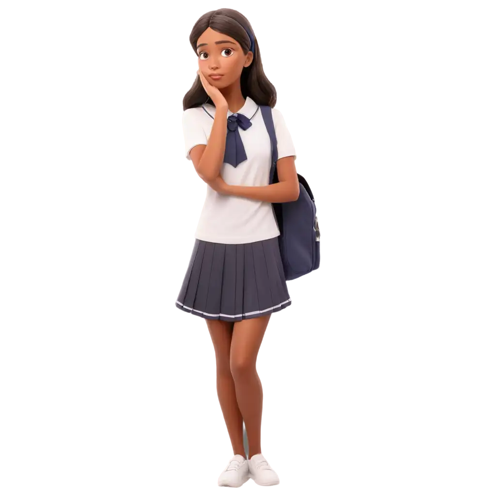 teen cartoon with headscarf school uniform thinking holding cheek