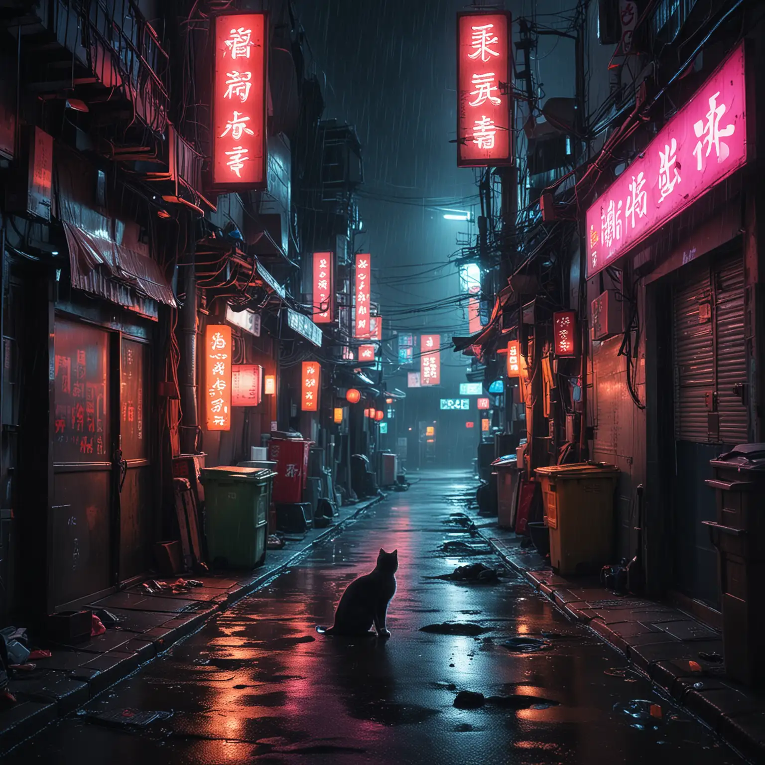 Futuristic-Neon-City-Alley-with-Cat-and-Rainy-Night-Scene